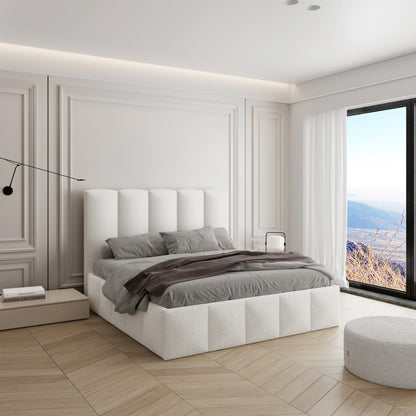 Canapé Duna color blanco de Morfeo en dormitorio con cama vestida y tonos neutros.