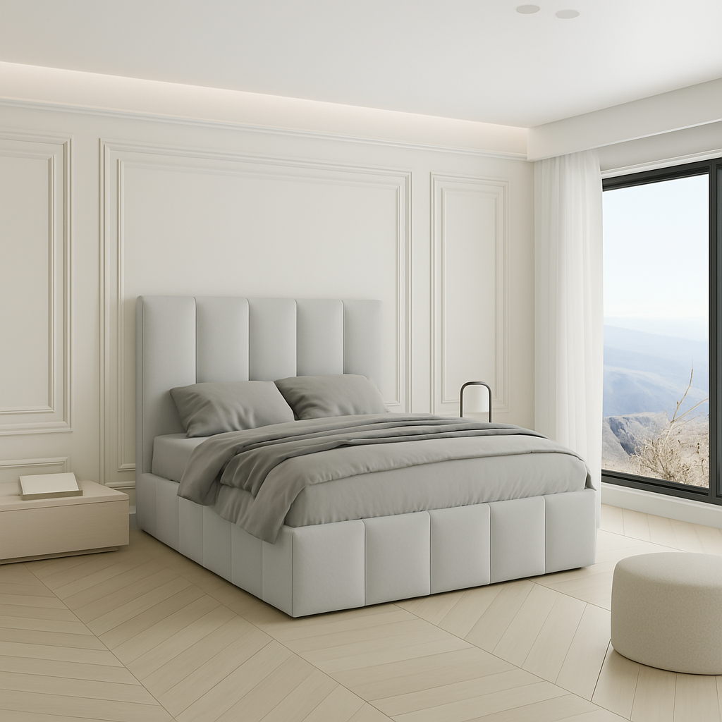 Canapé Duna color gris de Morfeo en dormitorio con cama vestida y tonos grises.