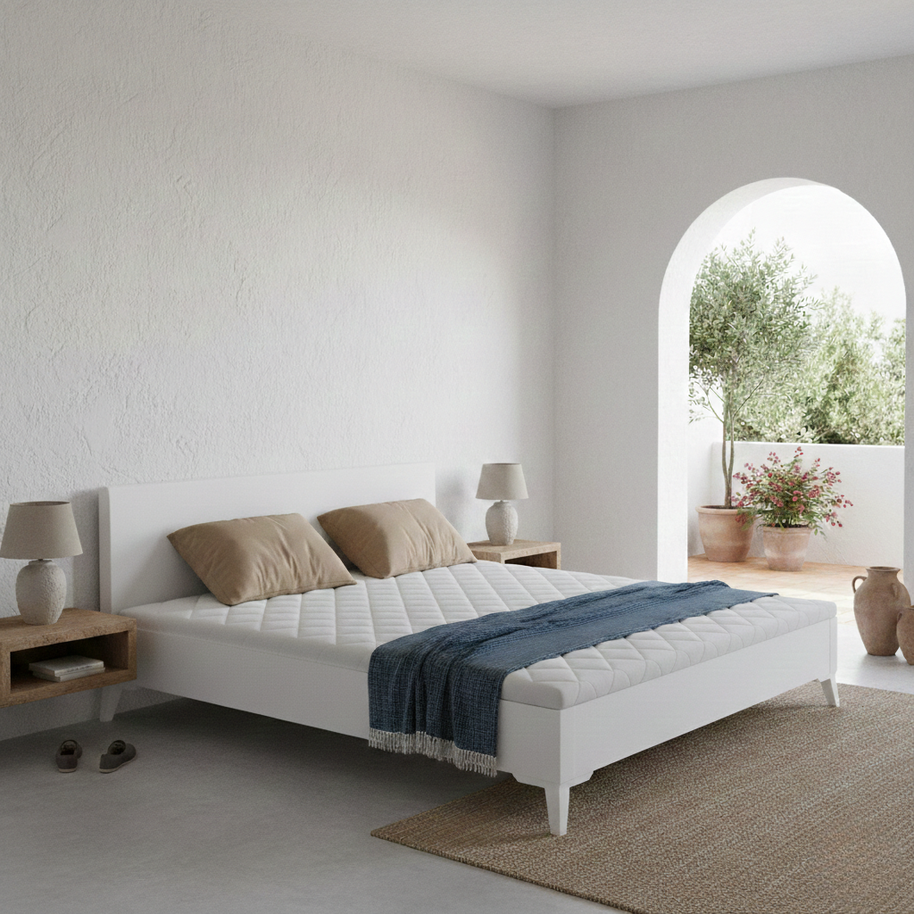Canapé Niza color blanco de Morfeo en dormitorio de estilo mediterráneo con tonos claros y madera natural.