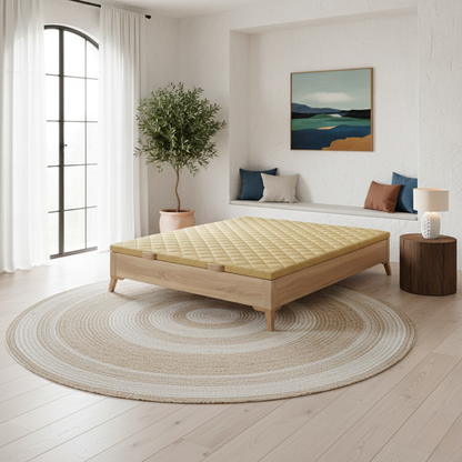 Canapé Niza Cambrian de Morfeo en dormitorio de estilo mediterráneo con tonos claros y madera natural.