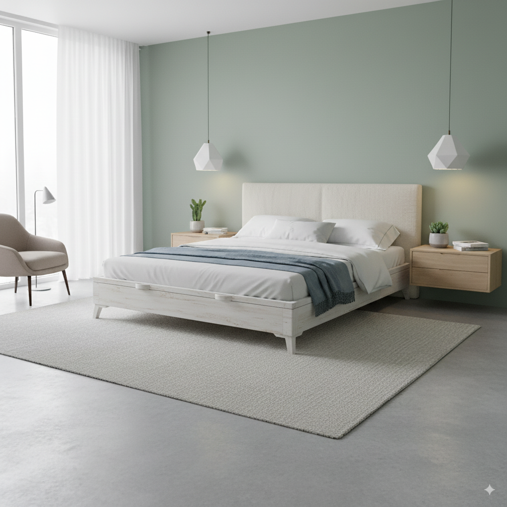 Canapé Niza color topo de Morfeo en dormitorio luminoso con cama y textiles claros.