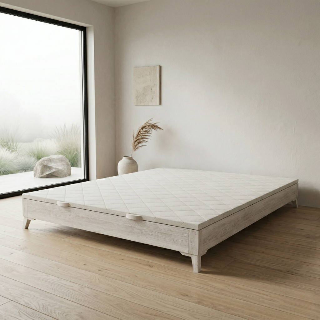 Canapé Niza color topo de Morfeo en dormitorio luminoso con suelo de madera y ventana amplia.
