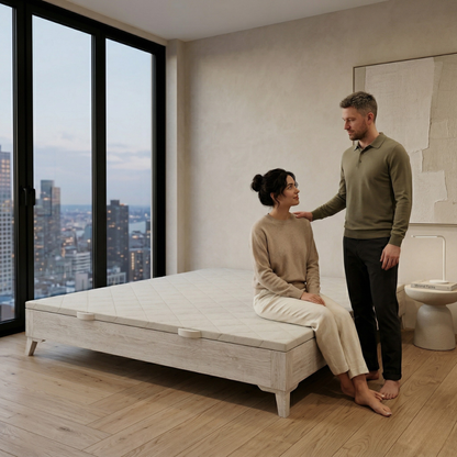 Canapé Niza color topo de Morfeo en dormitorio con una mujer sentada en la cama y un hombre de pie junto a ella.