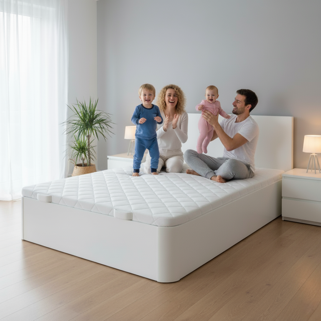 Canapé Rodas color blanco de Morfeo en dormitorio con familia sobre la cama.