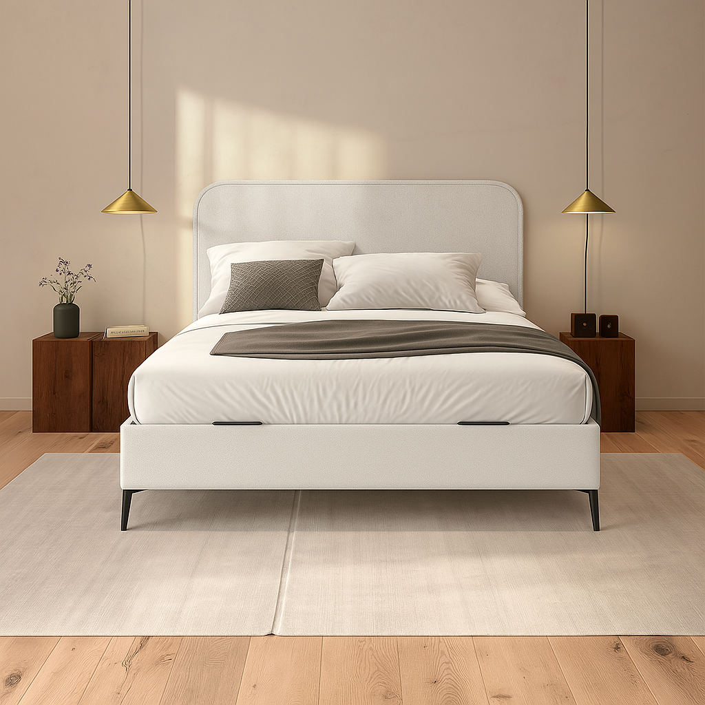Canapé Saona color blanco de Morfeo en ambiente de dormitorio con textiles claros.