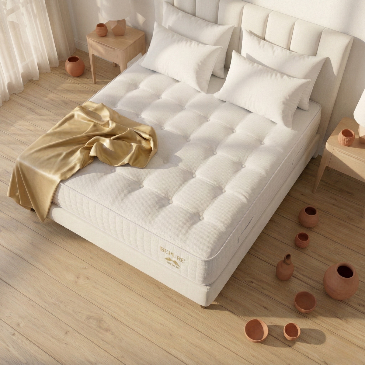 Superficie capitoné del Colchón Atelier de Morfeo con almohadas y manta dorada en el dormitorio.