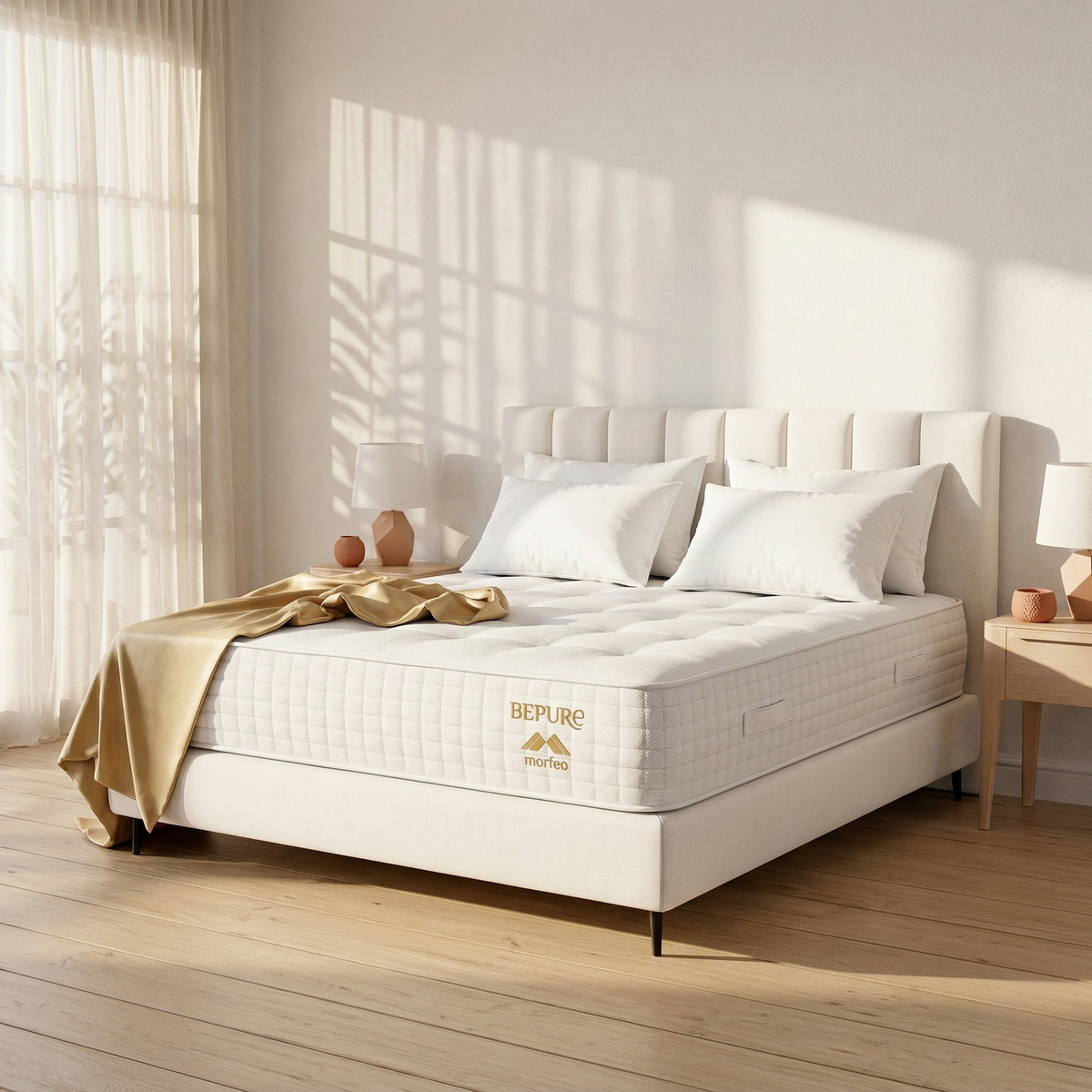 Colchón Atelier de Bepure para Morfeo sobre base tapizada blanca en un dormitorio luminoso.