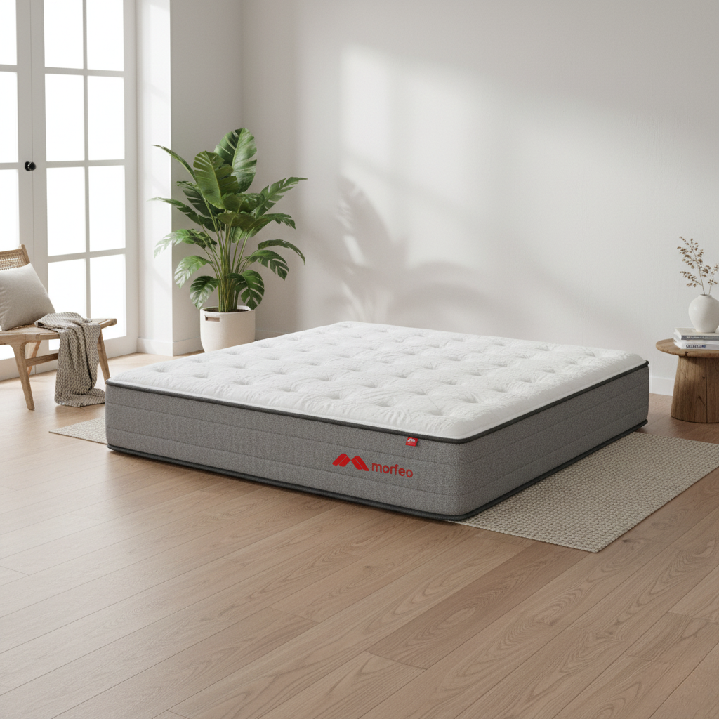 Colchón Morfeo XL sobre alfombra en una habitación luminosa con suelo de madera y plantas.
