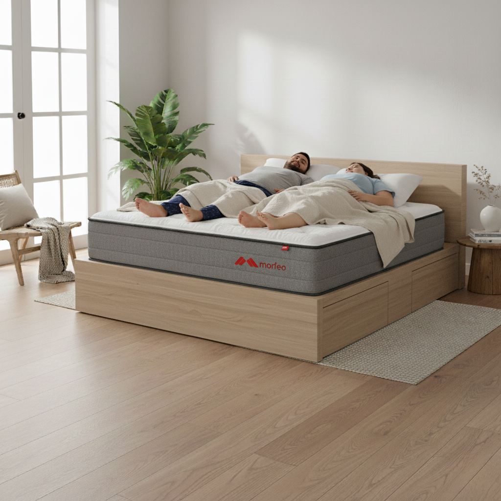 Pareja durmiendo sobre el colchón Morfeo XL en una cama de madera, en un dormitorio luminoso.