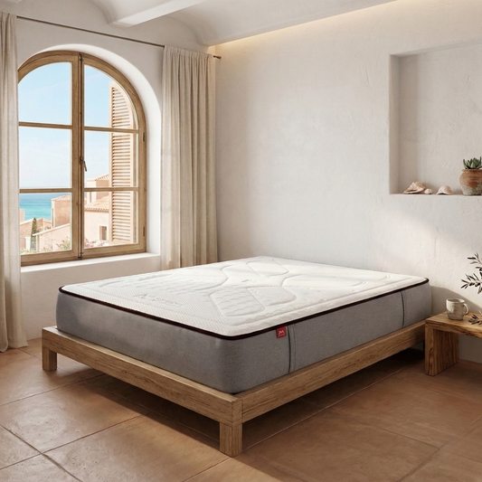 Colchón Original de Morfeo en dormitorio moderno con textiles claros y ambiente luminoso.