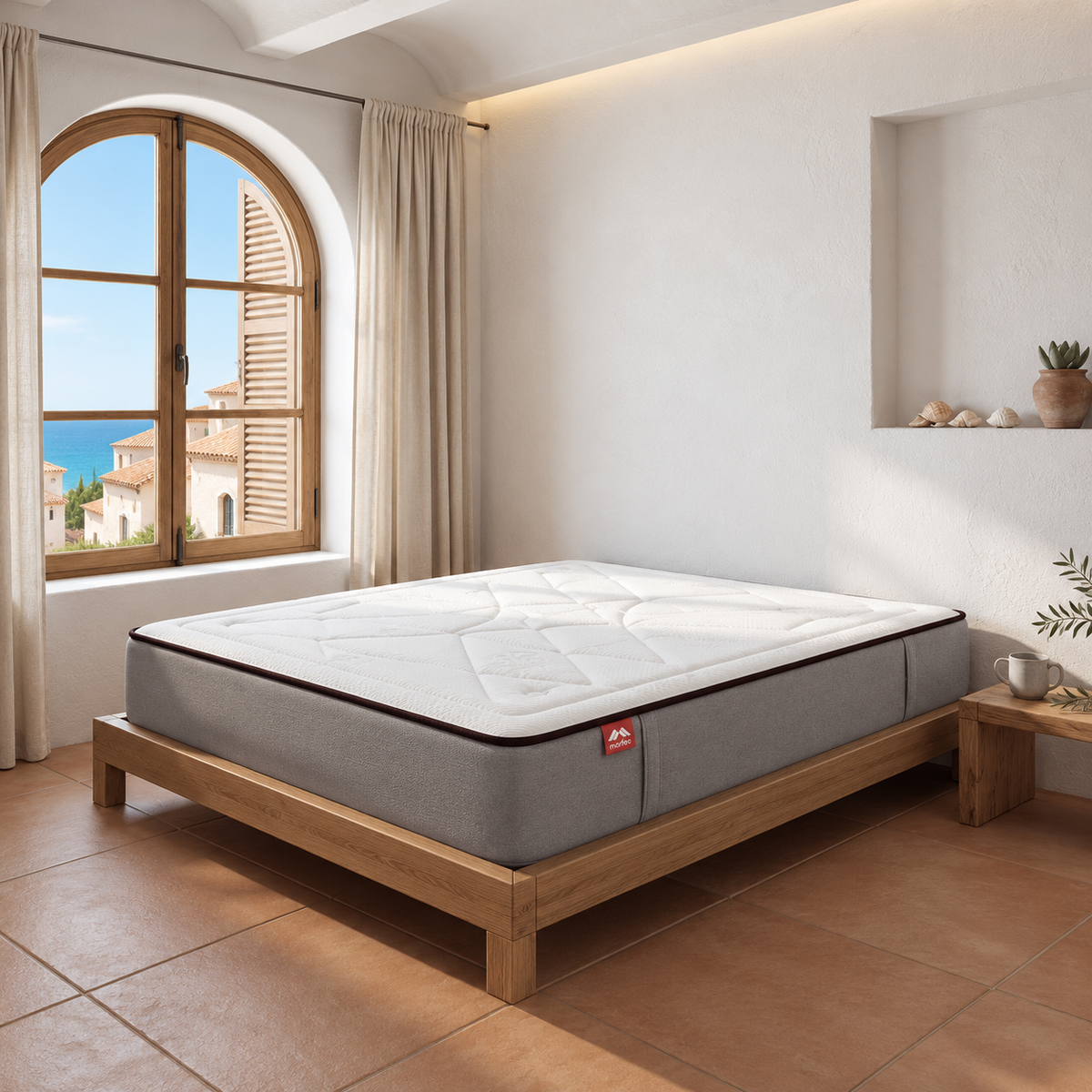 Colchón Original Hybrid de Morfeo sobre una cama de madera en un dormitorio luminoso de estilo mediterráneo.