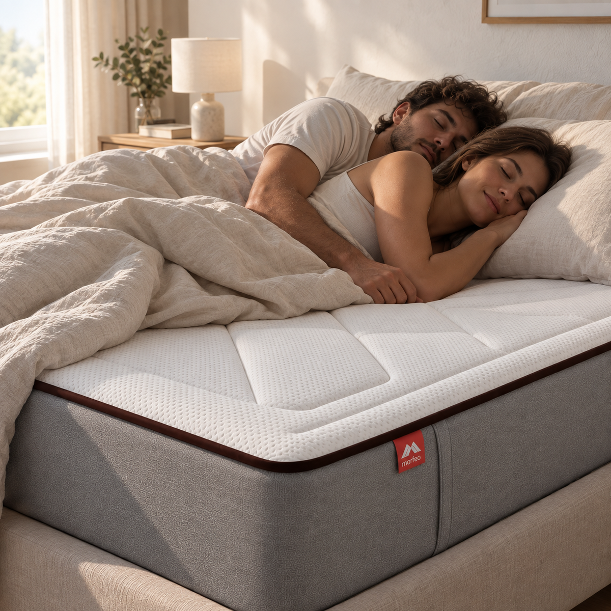 Pareja durmiendo plácidamente sobre el colchón Original Hybrid de Morfeo.