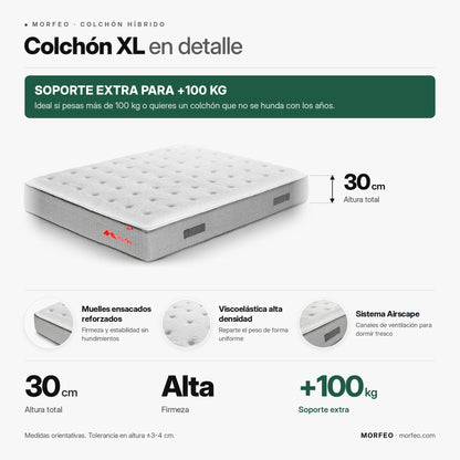 Infografía del colchón XL de Morfeo: 30 cm de altura, firmeza alta y muelles ensacados reforzados para más de 100 kg.