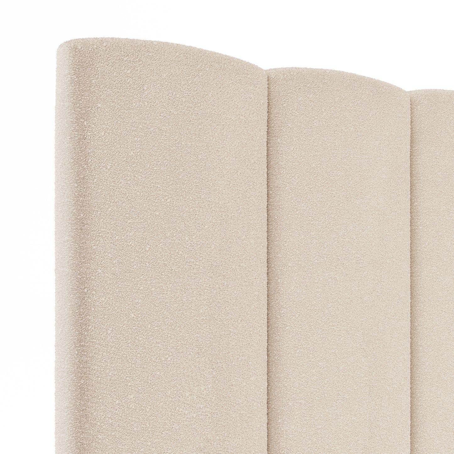 Detalle lateral del cabecero Duna beige con tejido borreguito de Morfeo.