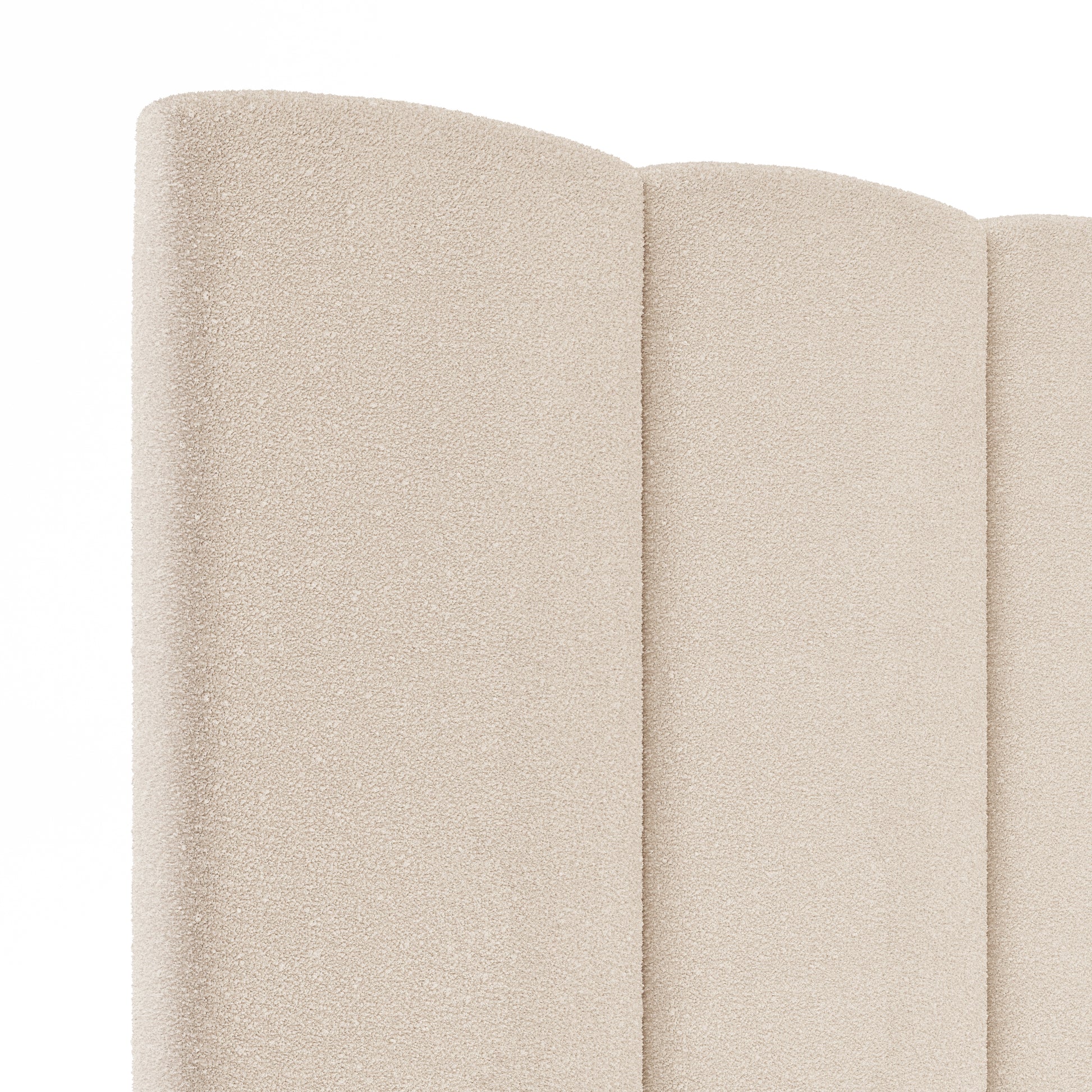 Detalle lateral del cabecero Duna beige con tejido borreguito de Morfeo.