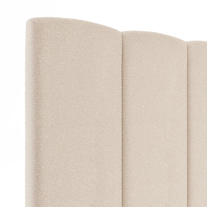 Detalle lateral del cabecero Duna beige con tejido borreguito de Morfeo.