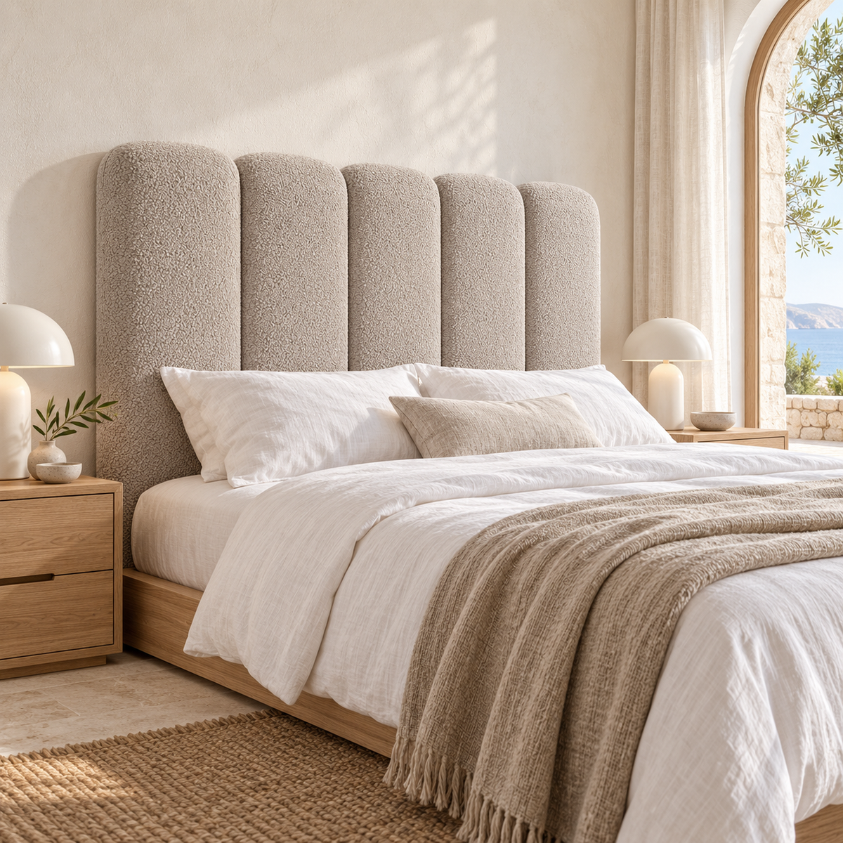 Cabecero Duna beige de Morfeo en dormitorio mediterráneo con ventana arqueada, con cinco canales redondeados y tejido borreguito de pelo corto y punto fino.