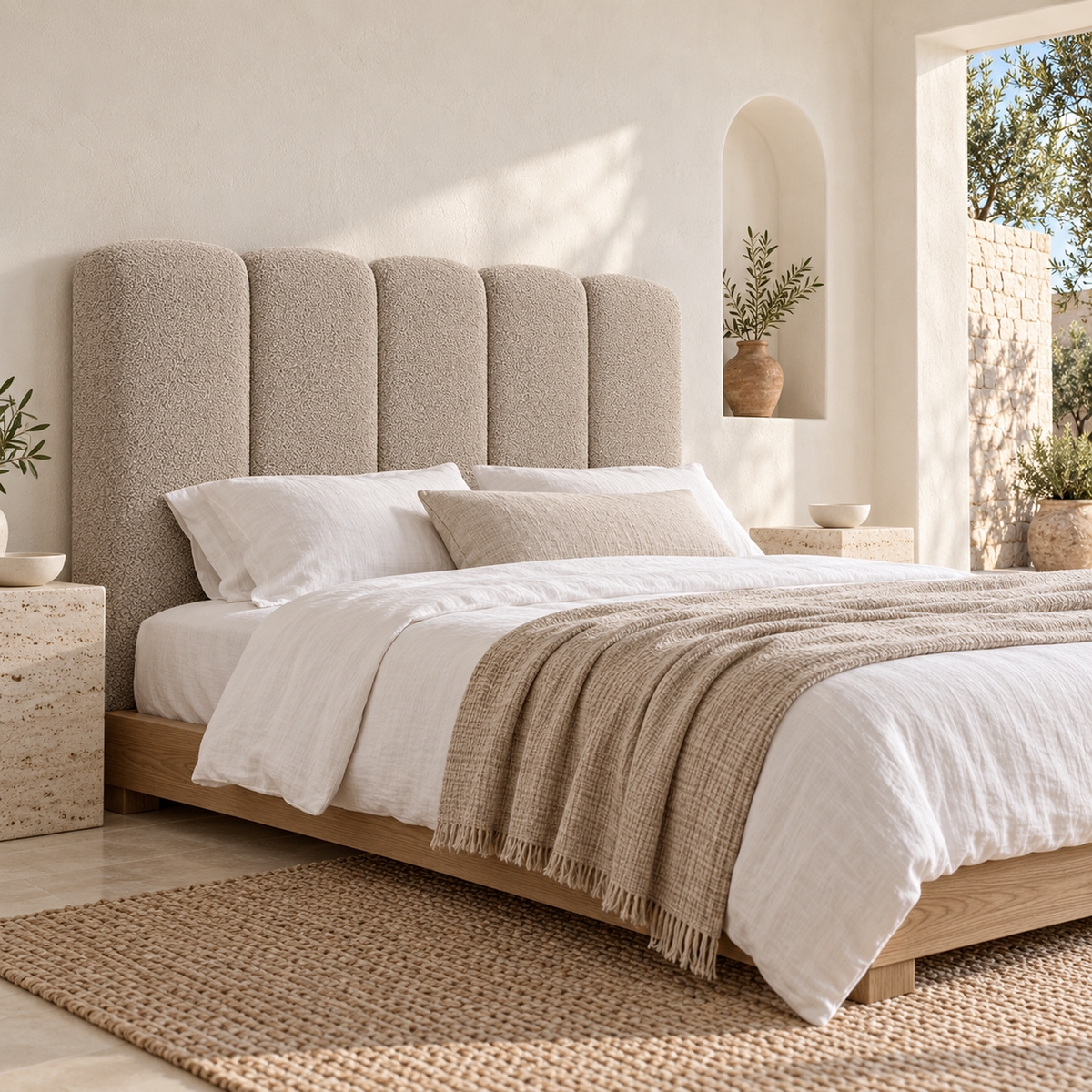 Cabecero Duna beige de Morfeo en dormitorio mediterráneo abierto a un patio, con cinco canales redondeados y tejido borreguito de pelo corto y punto fino.