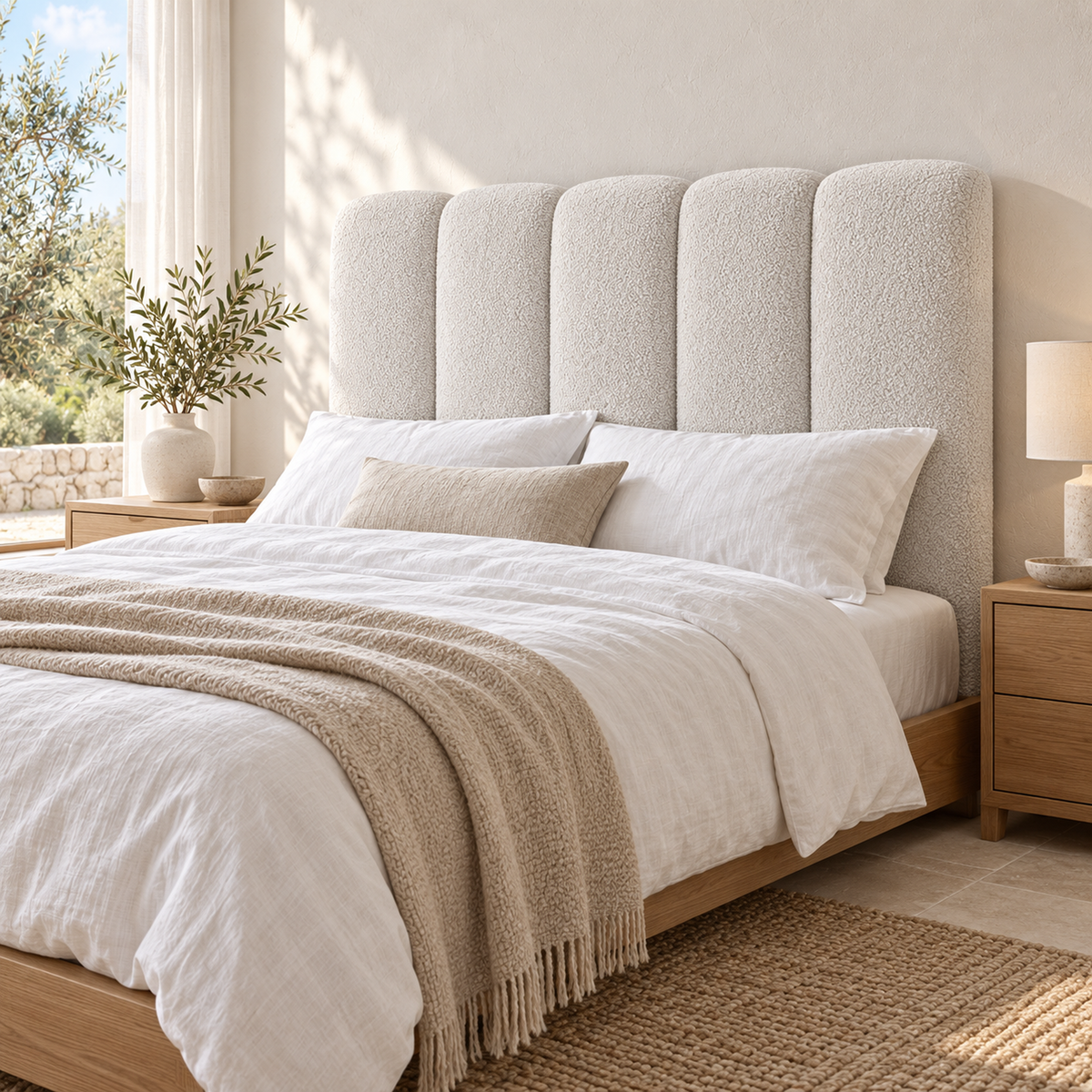 Cabecero Duna blanco de Morfeo en dormitorio mediterráneo con luz natural, con cinco canales redondeados y tejido borreguito de pelo corto y punto fino.