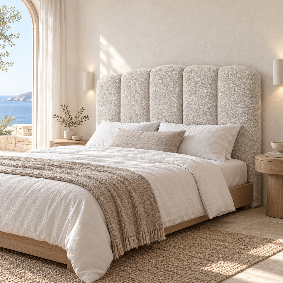 Cabecero Duna blanco de Morfeo en dormitorio mediterráneo con vistas al mar, con cinco canales redondeados y tejido borreguito de pelo corto y punto fino.