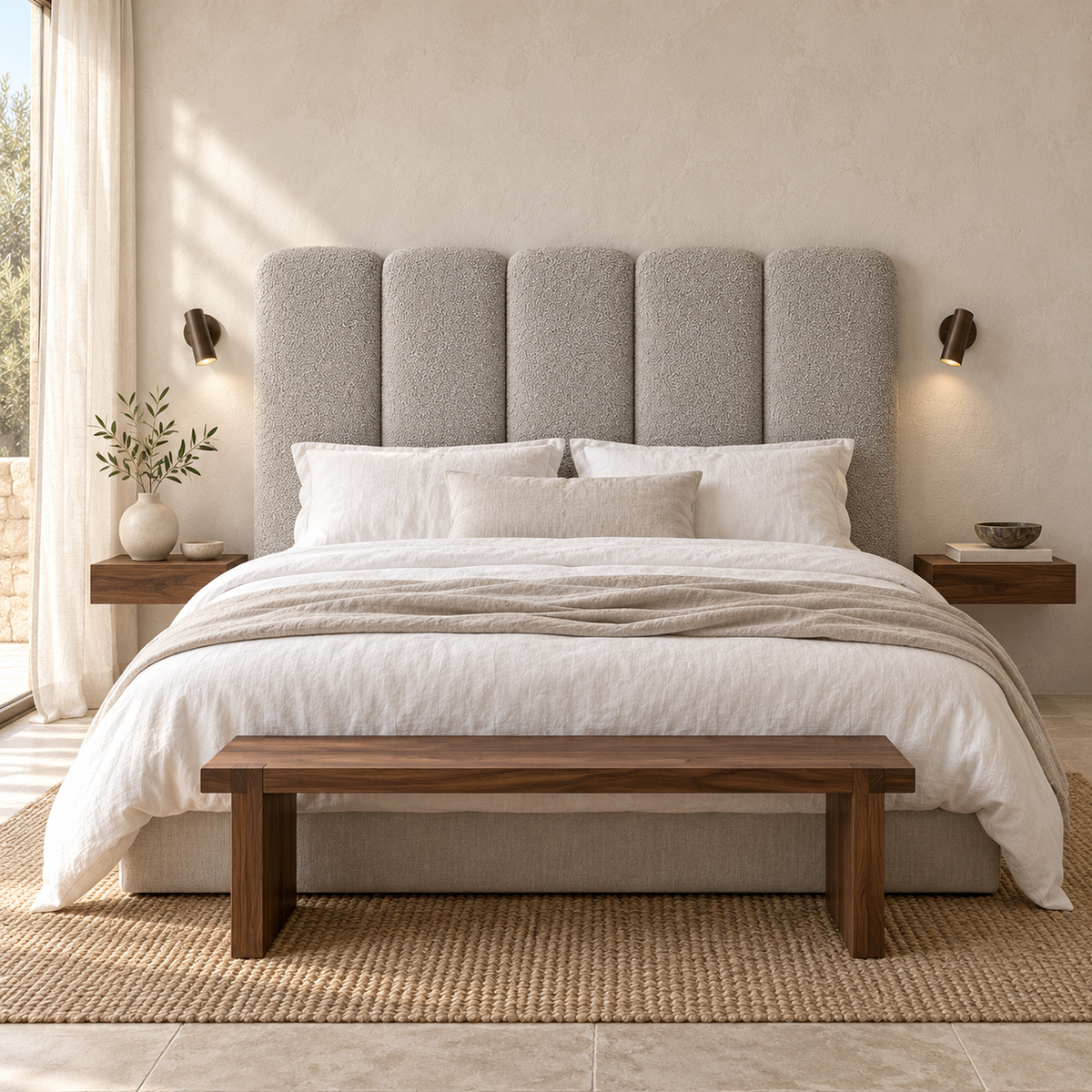Cabecero Duna gris plata de Morfeo en dormitorio mediterráneo con banco de madera, con cinco canales redondeados y tejido borreguito de pelo corto y punto fino.