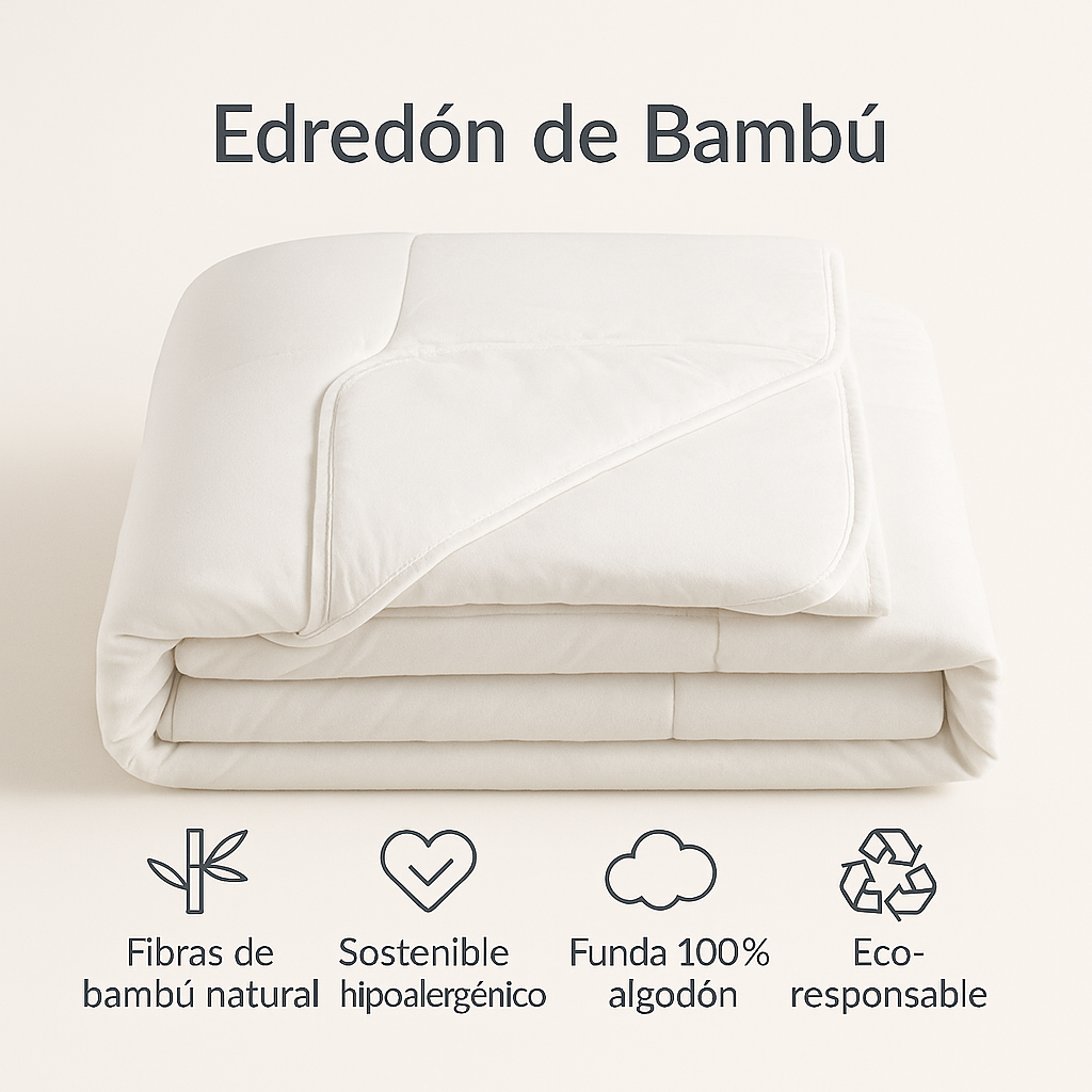 Ficha técnica del edredón nórdico de bambú de Morfeo: fibras de bambú, hipoalergénico y funda 100% algodón.