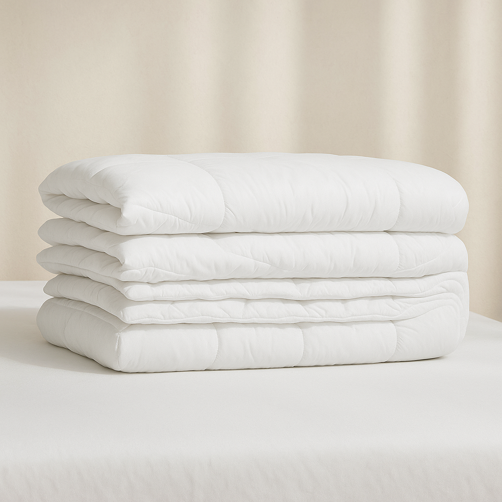 Edredón nórdico ECO de Morfeo doblado en varias capas sobre una cama con sábanas blancas.