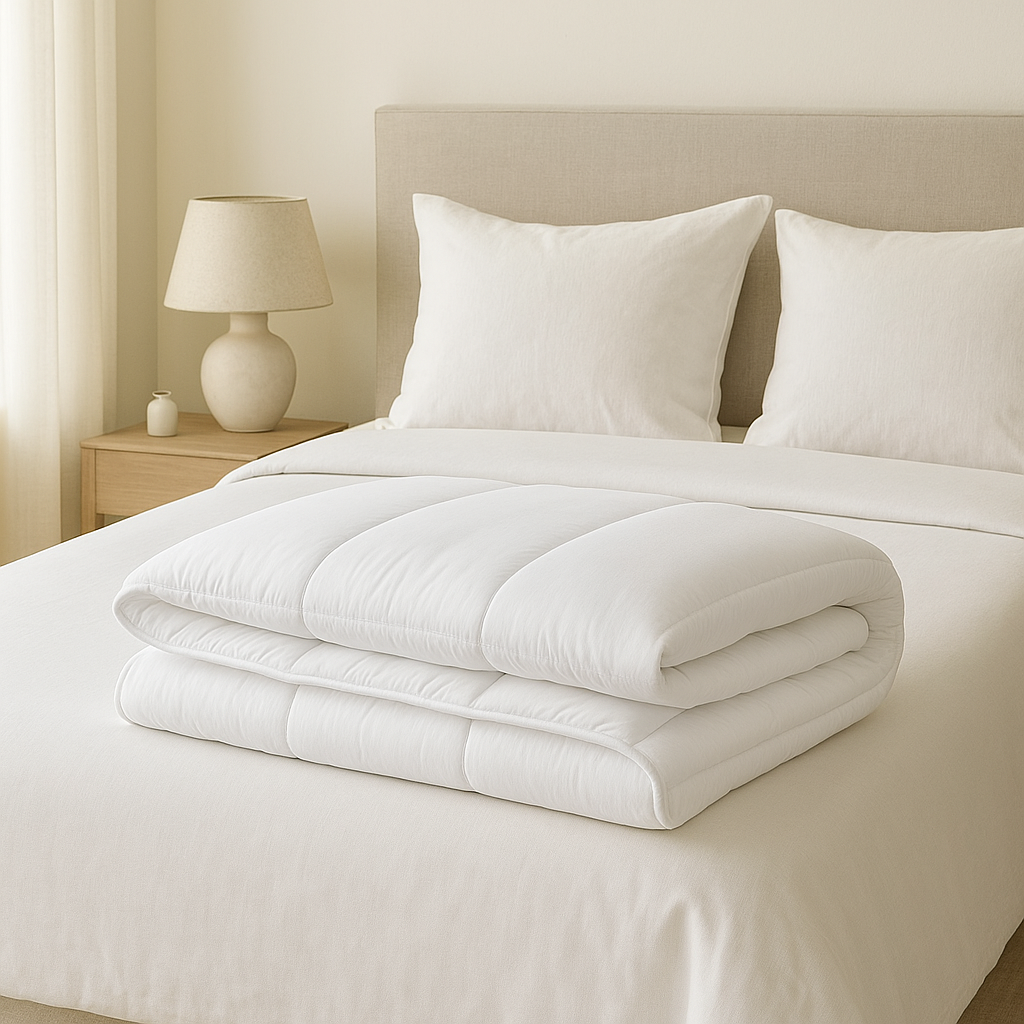 Edredón nórdico ECO de Morfeo doblado sobre una cama con almohadas blancas en un dormitorio luminoso.
