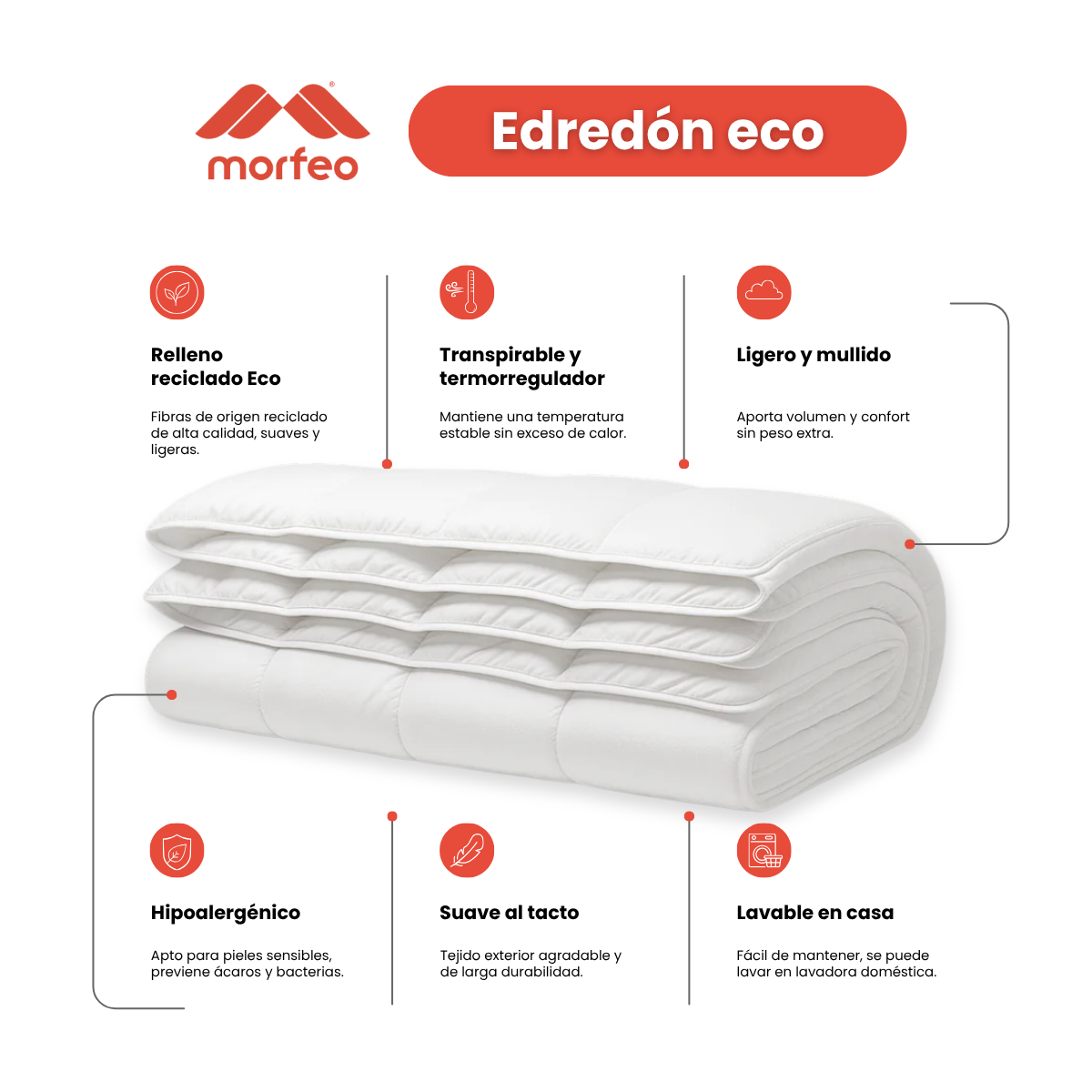 Ficha técnica del edredón nórdico ECO de Morfeo: relleno reciclado, transpirable, hipoalergénico y lavable en casa.