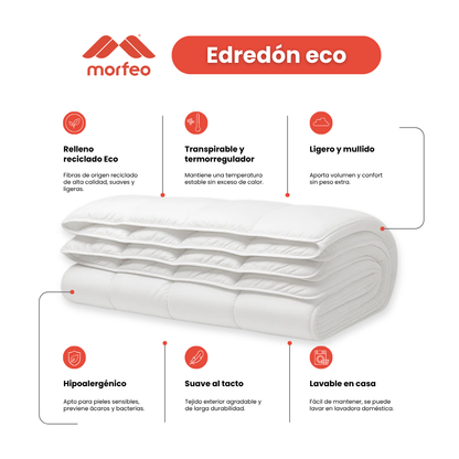 Ficha técnica del edredón nórdico ECO de Morfeo: relleno reciclado, transpirable, hipoalergénico y lavable en casa.