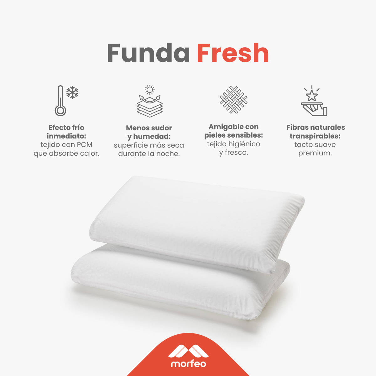 Ficha técnica de la funda de almohada FreshCool de Morfeo: efecto frío inmediato con PCM y fibras transpirables.