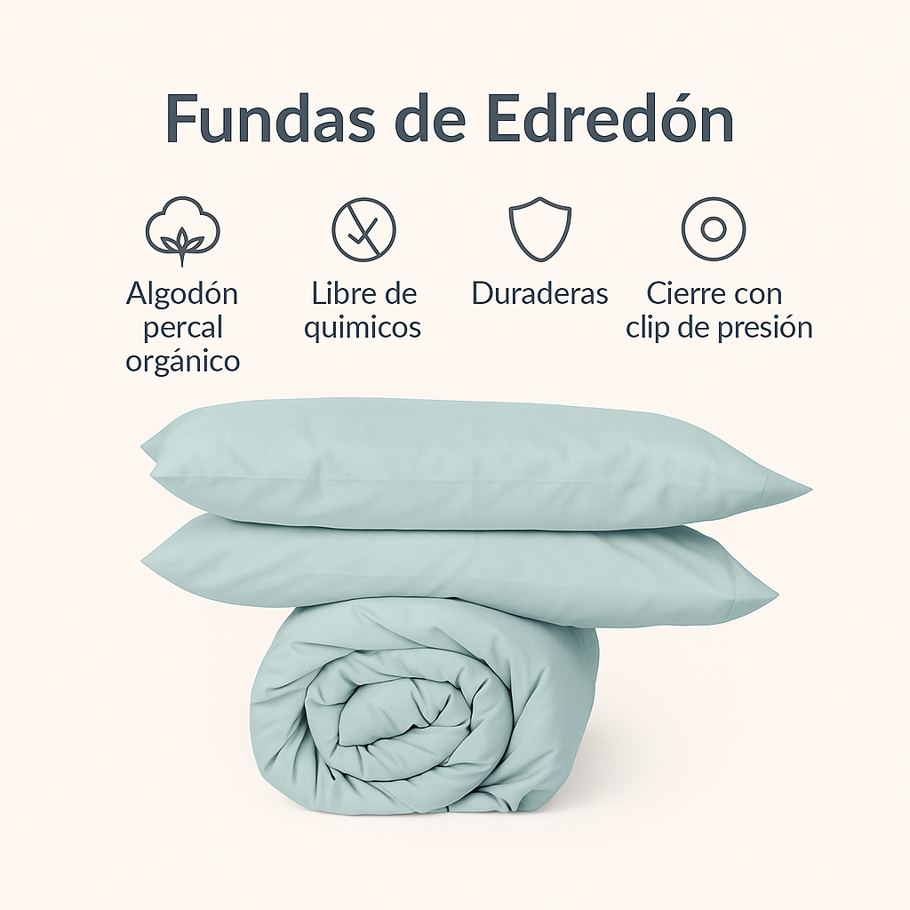 Ficha técnica de las fundas de edredón EcoPercal de Morfeo: algodón percal orgánico, sin químicos y cierre con clip.