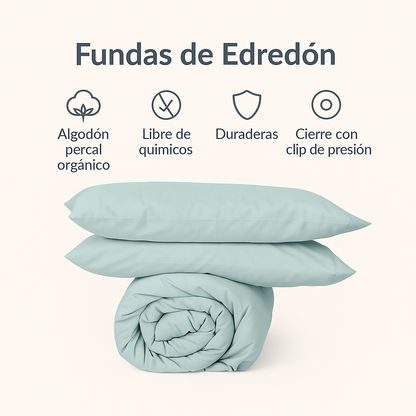 Ficha técnica de las fundas de edredón EcoPercal de Morfeo: algodón percal orgánico, sin químicos y cierre con clip.