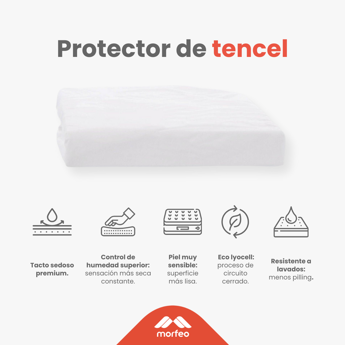 Ficha técnica del protector de colchón Tencel de Morfeo: tacto sedoso, control de humedad y eco lyocell.