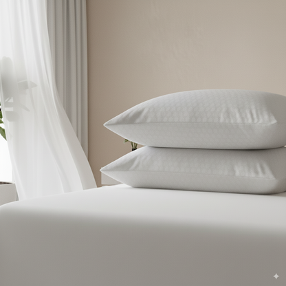Fundas de almohada FreshCool de Morfeo en dos almohadas apiladas sobre la cama en un dormitorio luminoso.