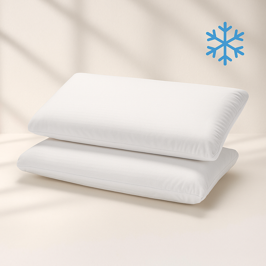 Dos almohadas con funda de almohada FreshCool de Morfeo en color blanco junto a un icono de efecto frío.