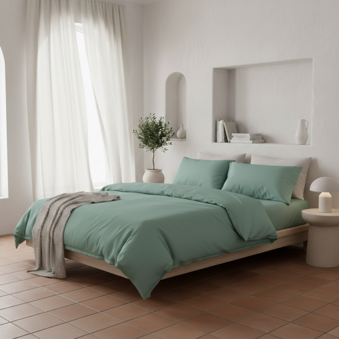 Fundas de edredón EcoPercal aguamarina de Morfeo vestidas en cama de dormitorio mediterráneo luminoso.