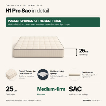 Morfeo H1 Pro Sac hotel mattress infographic: pocket springs at the best price, 25 cm high, medium-firm feel.