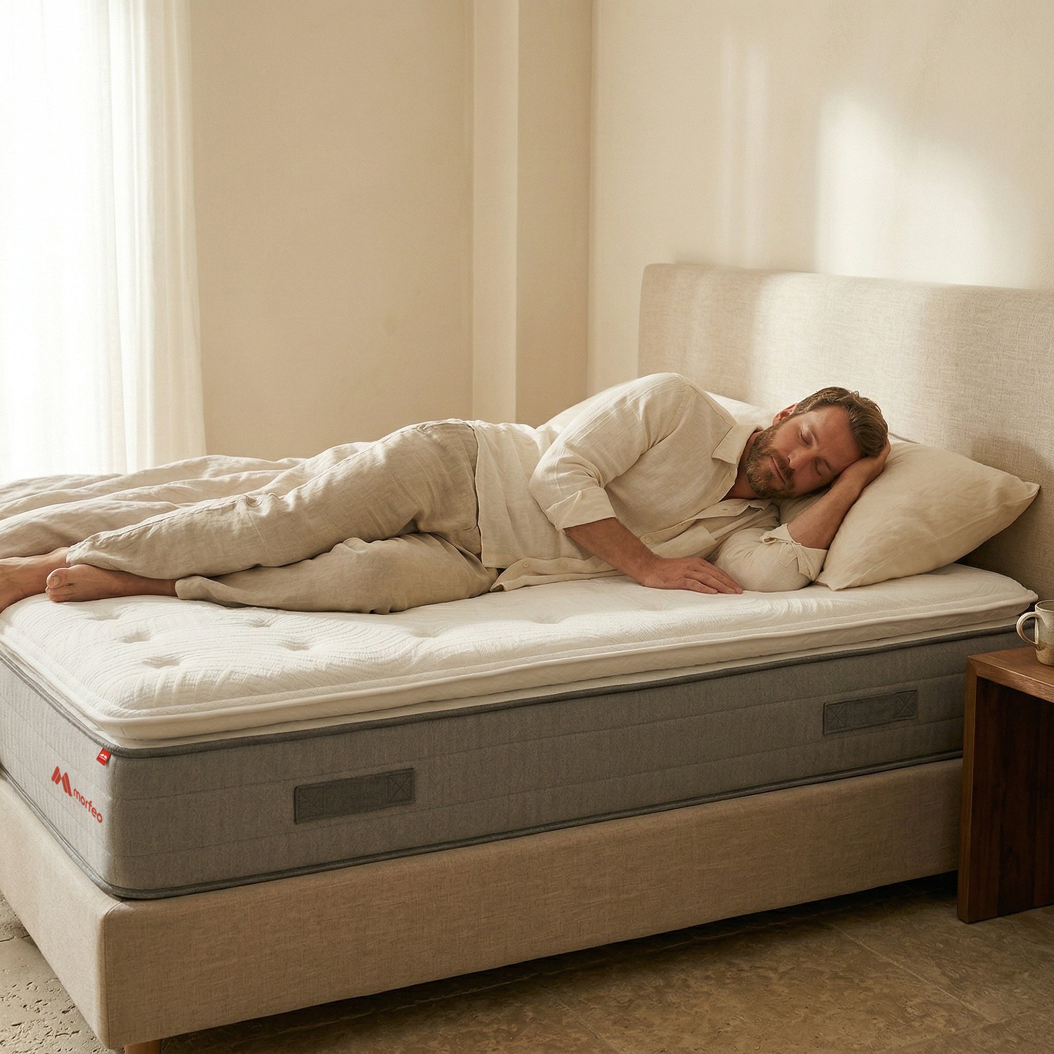 Hombre durmiendo de lado sobre el colchón Nature de Morfeo en dormitorio luminoso.