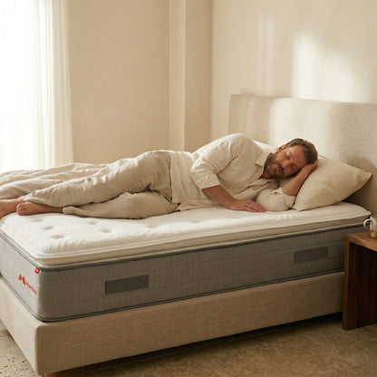Hombre durmiendo de lado sobre el colchón Nature de Morfeo en dormitorio luminoso.