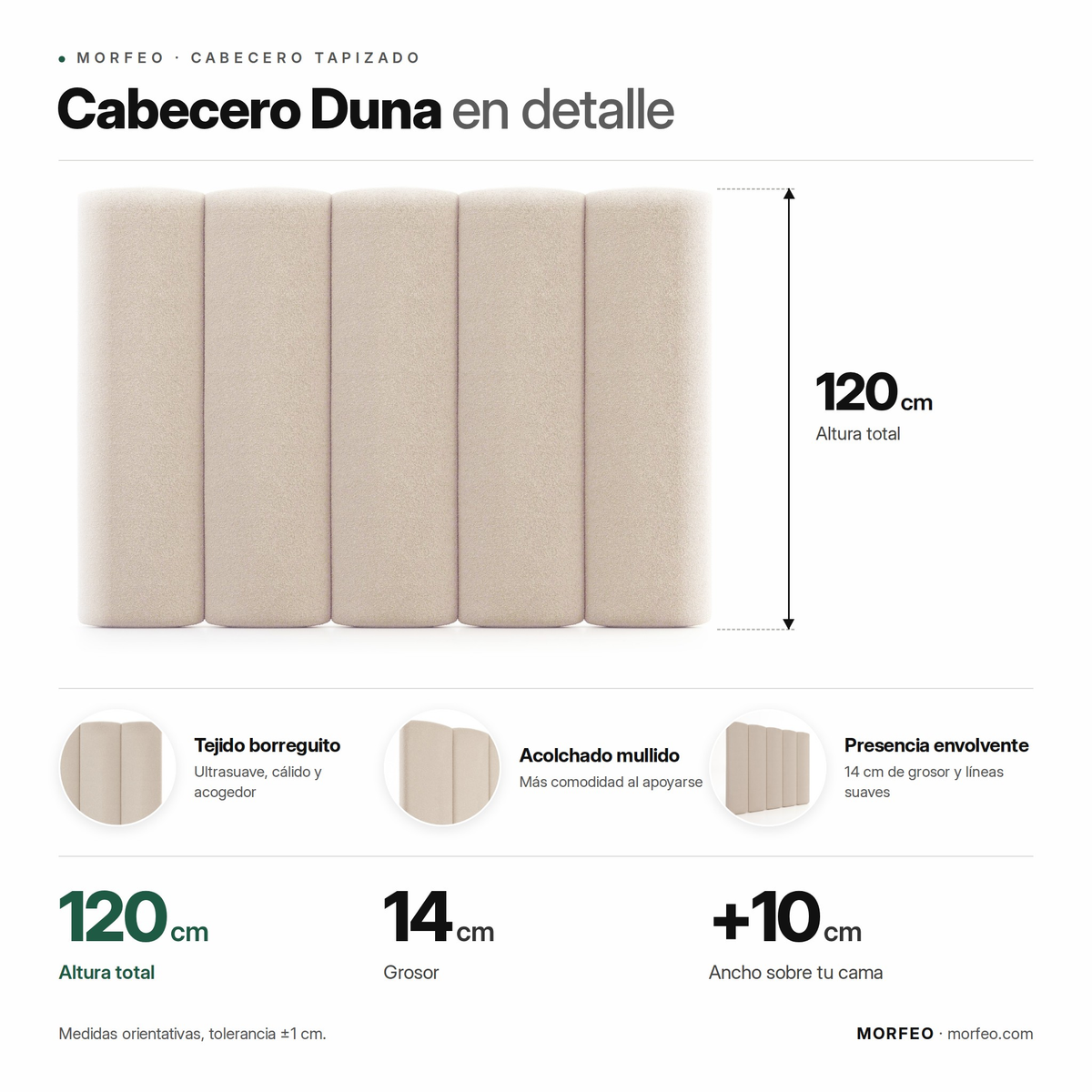 Infografía del cabecero tapizado Duna de Morfeo: 120 cm de altura, 14 cm de grosor y ancho de la cama +10 cm.