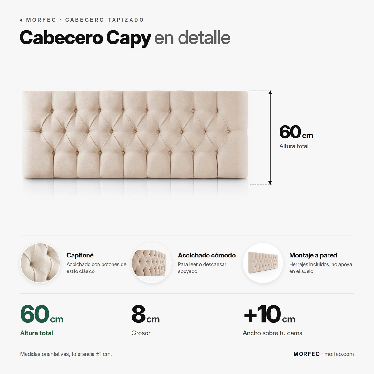 Infografía del cabecero tapizado Capy de Morfeo: 60 cm de altura, 8 cm de grosor y ancho de la cama +10 cm.