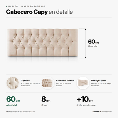 Infografía del cabecero tapizado Capy de Morfeo: 60 cm de altura, 8 cm de grosor y ancho de la cama +10 cm.