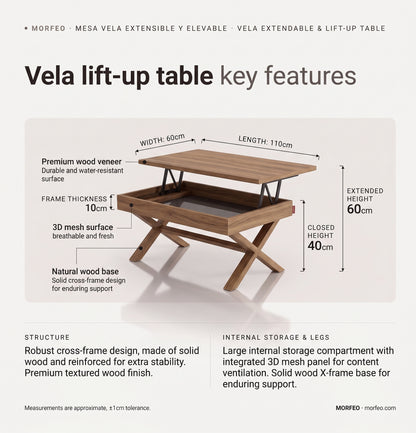 Infografía de la mesa elevable Vela de Morfeo: 110 x 60 cm, altura de 40 a 60 cm y almacenaje interior.