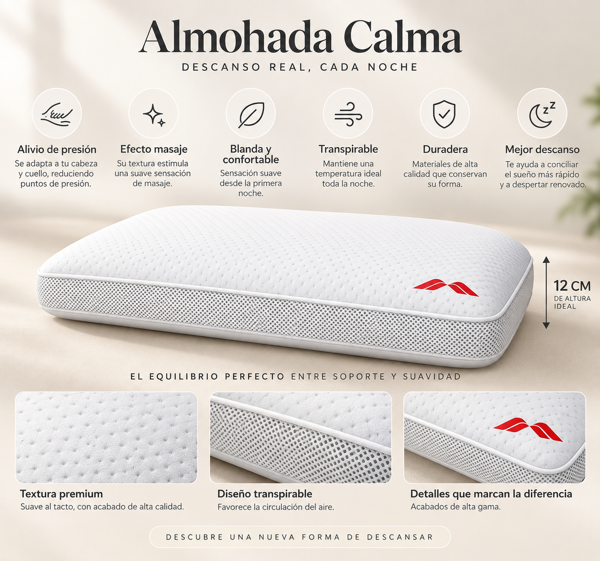 Ficha de la almohada Calma de Morfeo: 12 cm de altura, alivio de presión, efecto masaje, blanda y transpirable.