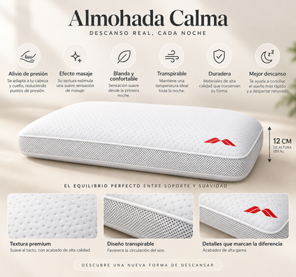 Ficha de la almohada Calma de Morfeo: 12 cm de altura, alivio de presión, efecto masaje, blanda y transpirable.