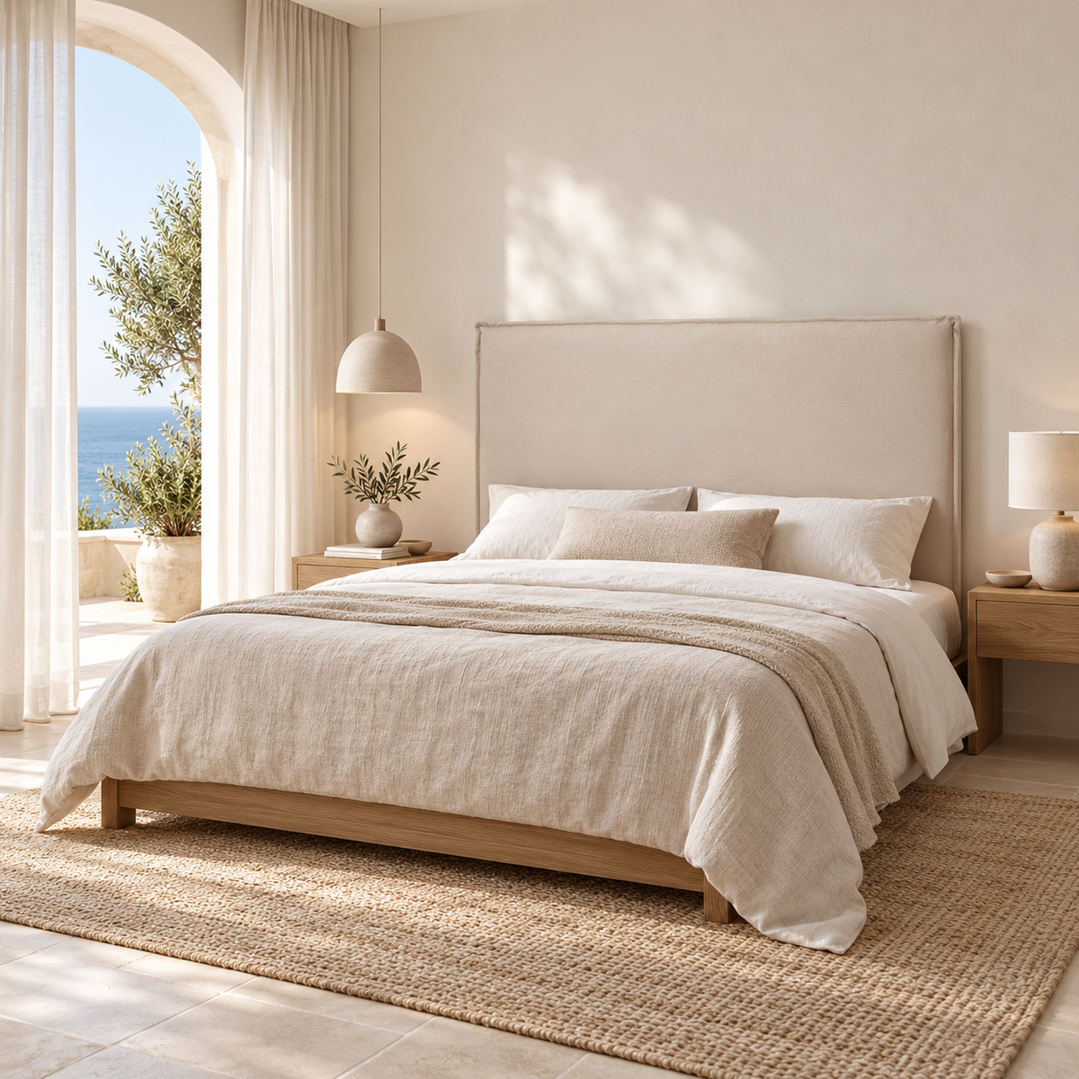 Cabecero Lin beige de Morfeo en un dormitorio mediterráneo moderno con muebles de madera y luz natural.