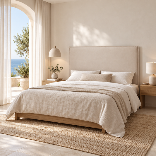 Cabecero Lin beige de Morfeo en un dormitorio mediterráneo moderno con muebles de madera y luz natural.