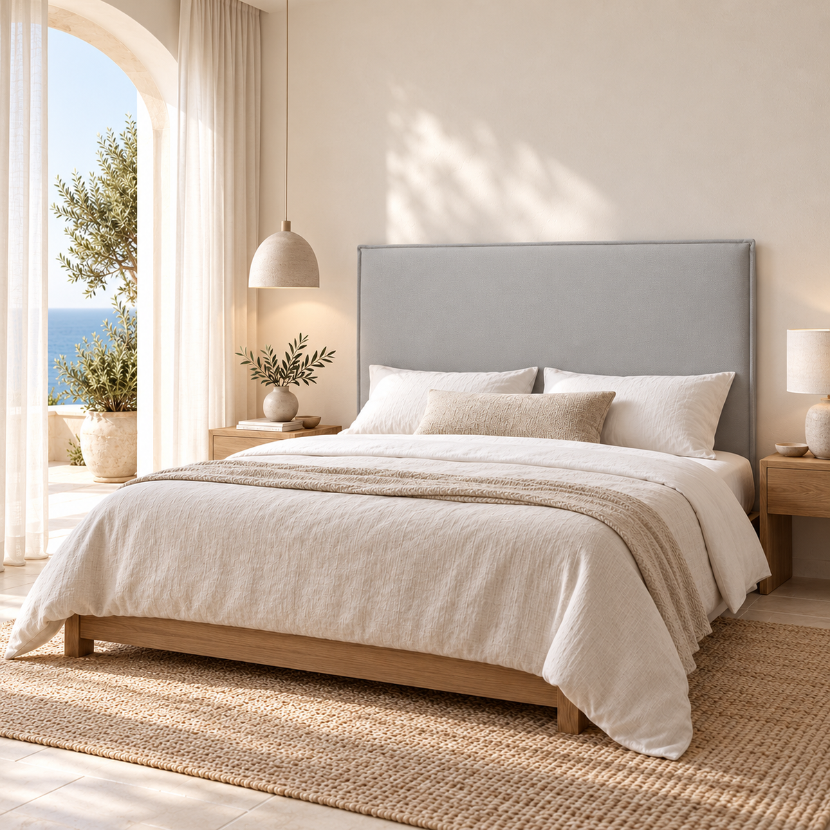 Cabecero Lin gris plata de Morfeo en dormitorio mediterráneo moderno con luz natural.