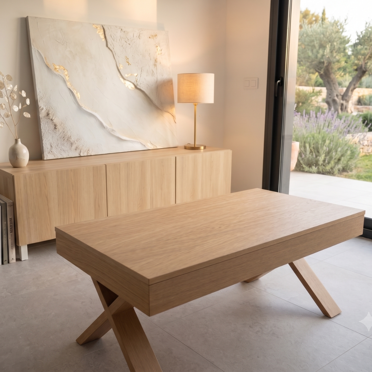 Mesa de centro Vela de Morfeo en salón con tablero de madera, patas cruzadas y ventanal al fondo.